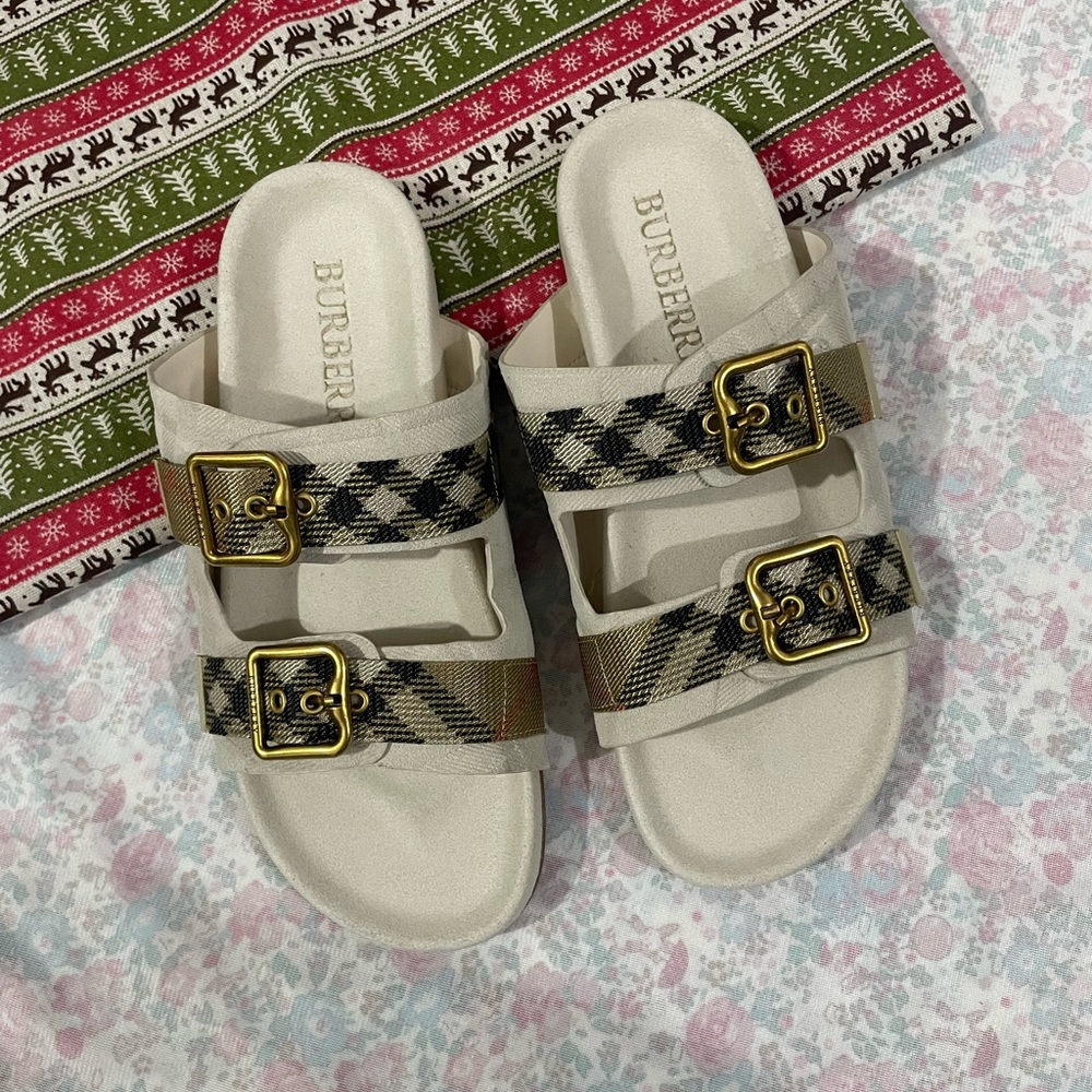 Burberry Cream Check Double-Buckle Slides with Gold Buckles